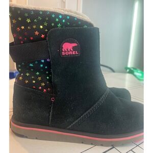 Sorel Rylee Slip On Bright Black Stars Fleece Lined Waterproof Size 6